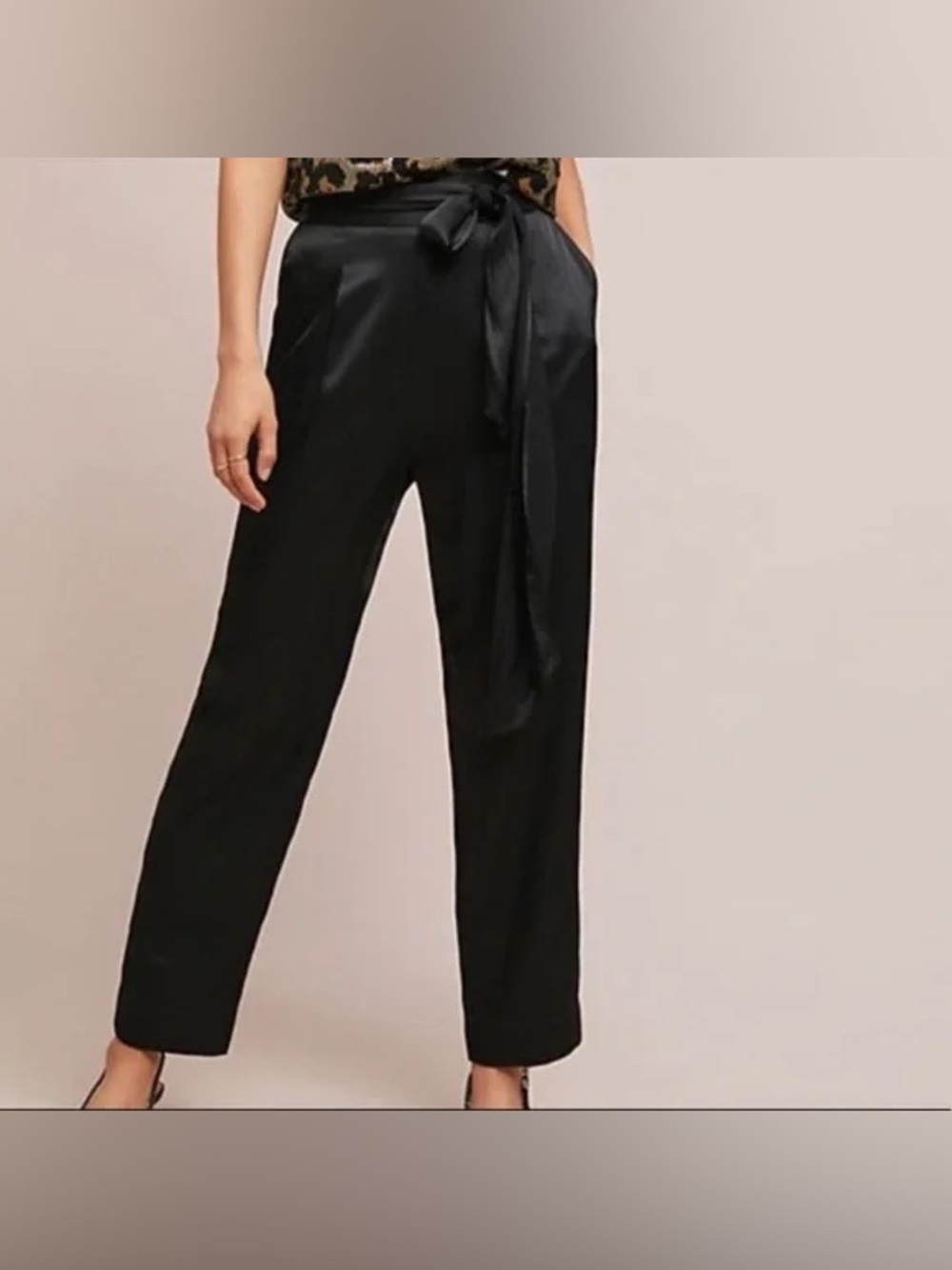 Anthropologie Ettitwa Black Satin Tie-Waist Tapered Pants Size 8 - Picture 2 of 10